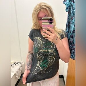 Harley-Davidson Black Tee with Green and Gold Studded Cross